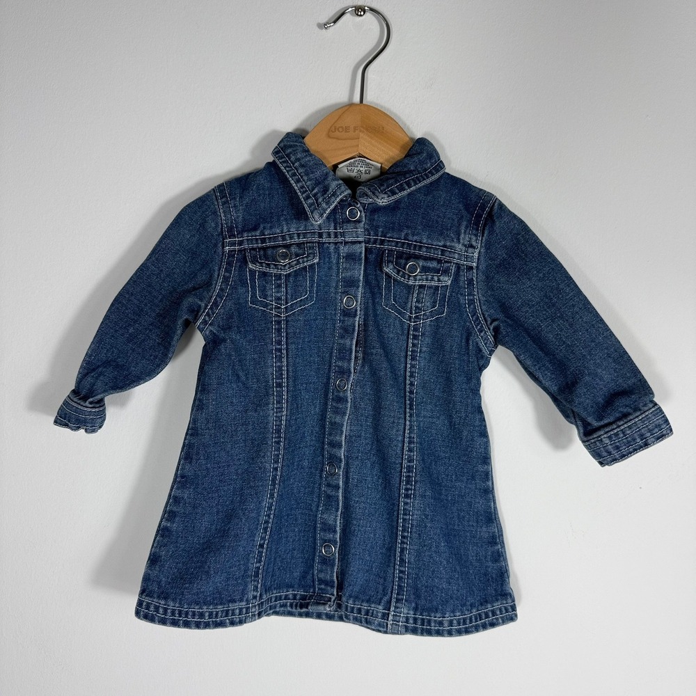 Vintage B.U.M. Equipment Baby Girls Blue Denim Snap Front Long Sleeve Dress 6M